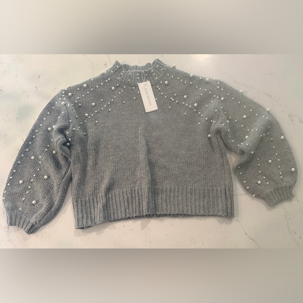 Luna Tuccini Grey Pearl-Embellished Cropped Turtleneck Sweater Size 8